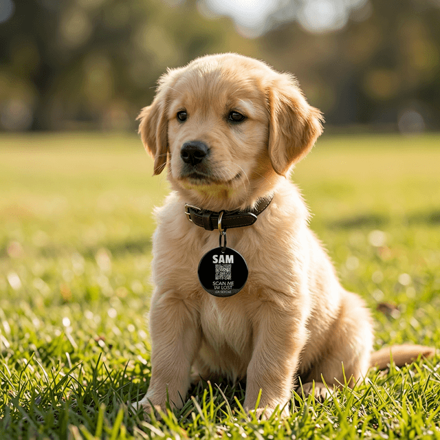 A cute puppy wearing a QR-Rescue smart identification collar tag